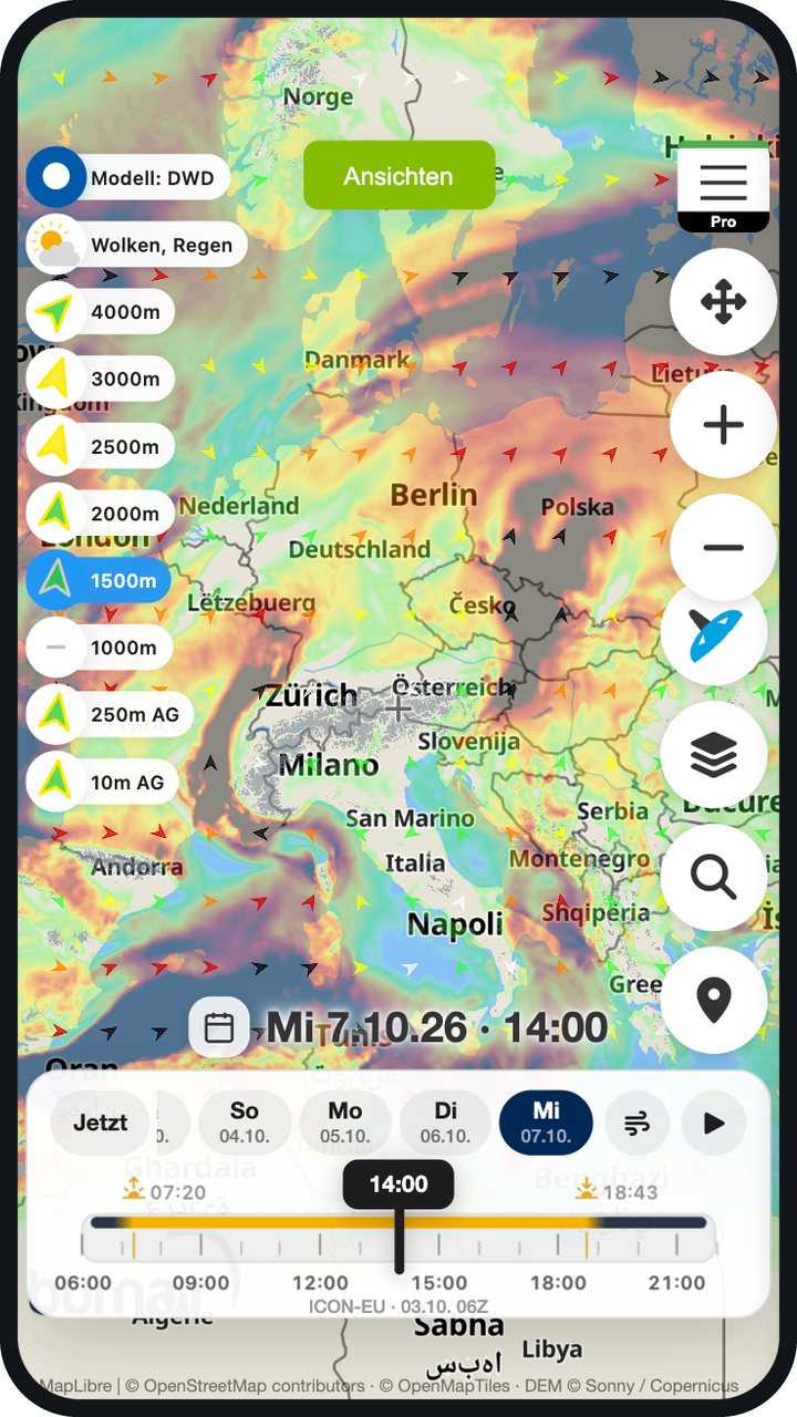Wind auf 1500 m über ganz Europa
