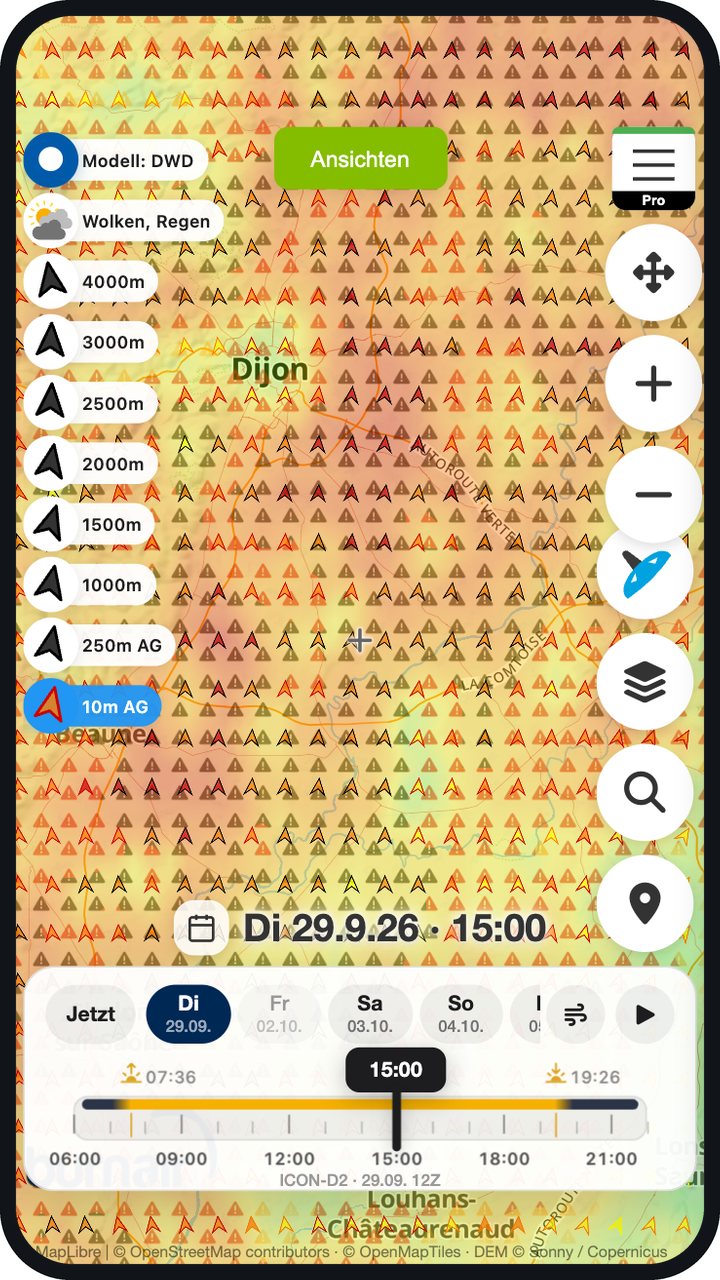 Böen-Warnsymbole über Burgund zwischen Dijon und Besançon