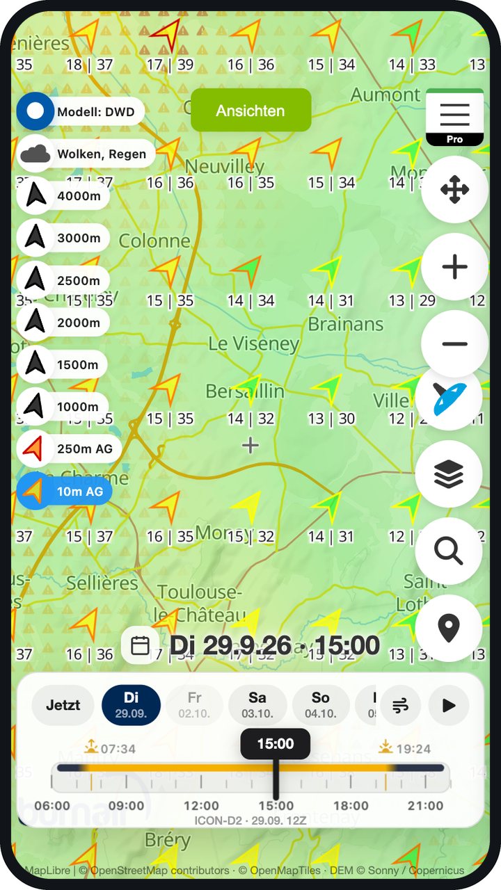 Windpfeile 10 m über Grund in der Bresse: grün bis gelb gefüllt für schwachen Mittelwind, orange bis rot umrandet für starke Böen, Werte wie 15 | 35