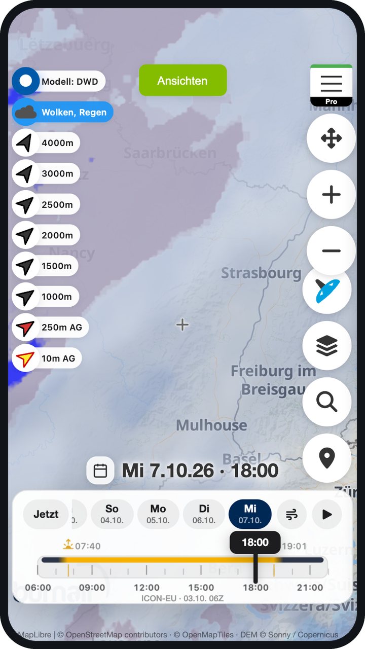 Regen über den Vogesen und dem Schwarzwald am Abend