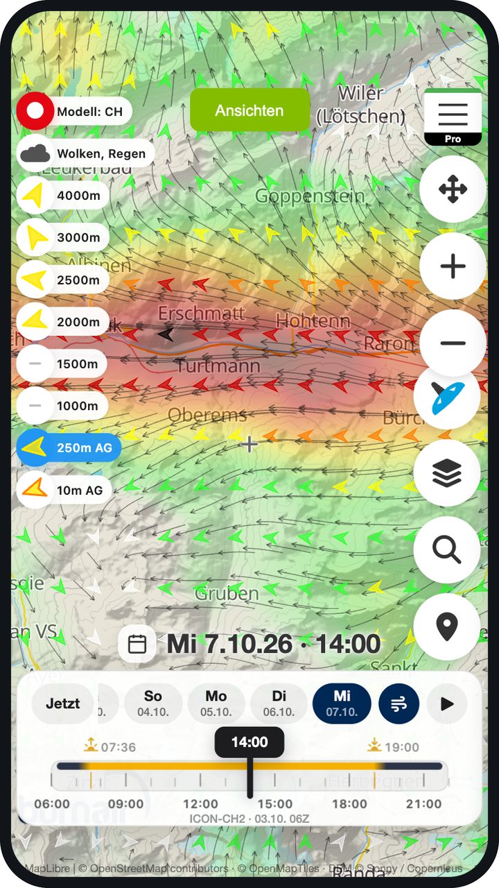 Wind 250 m über Grund mit Strömungslinien im Wallis bei Südföhn
