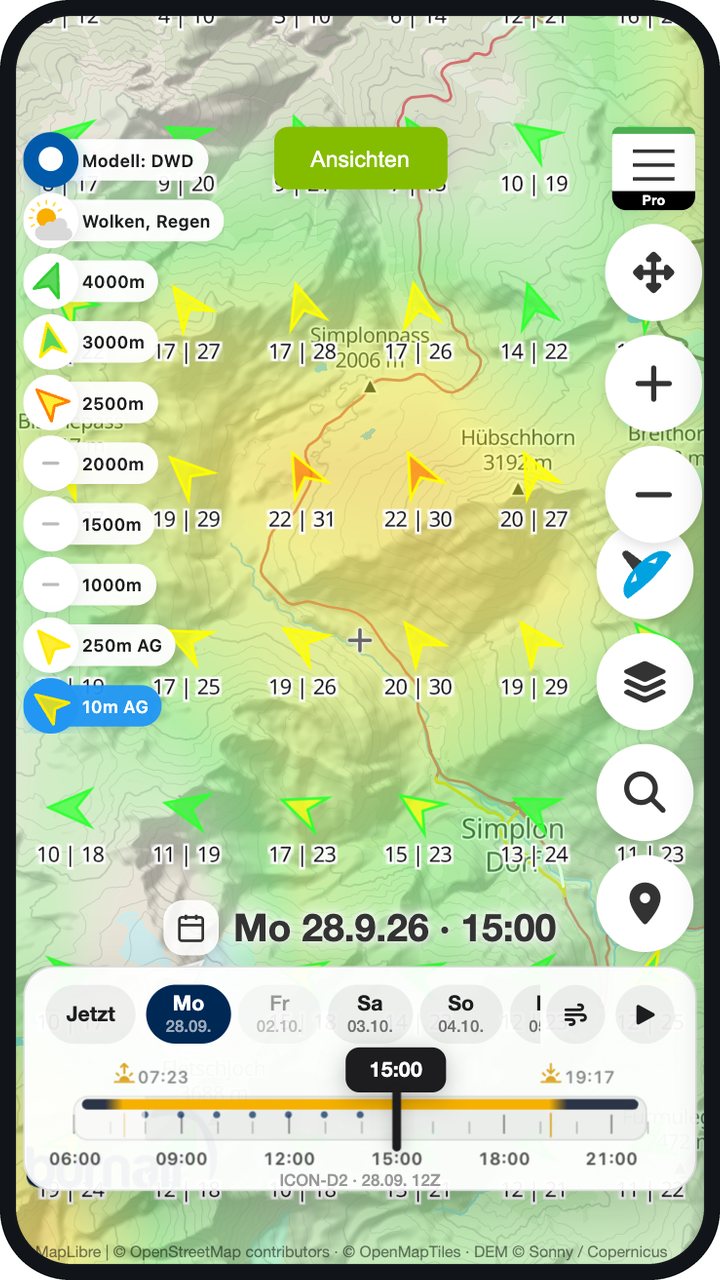 Wind 10 m über Grund am Simplon mit Werten für Mittelwind und Böen