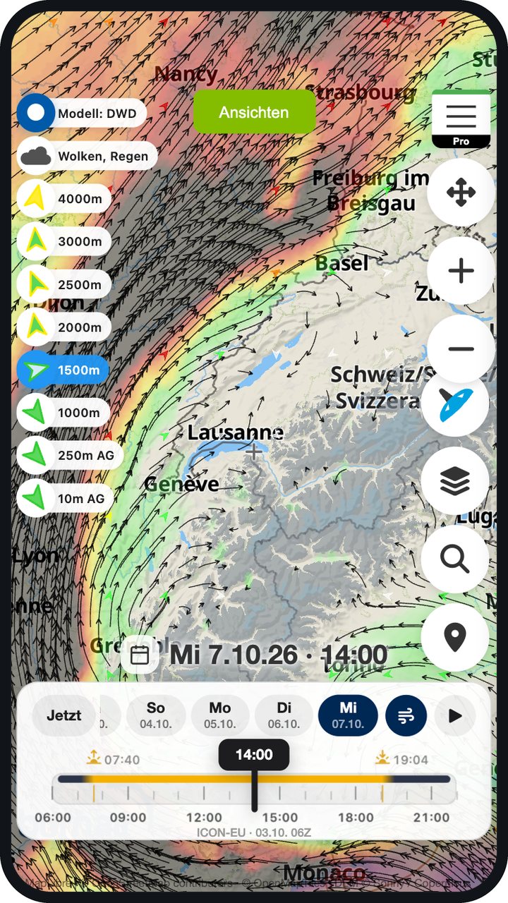 Wind auf 1500 m mit Strömungslinien, starker Südwestwind über Burgund und dem Jura