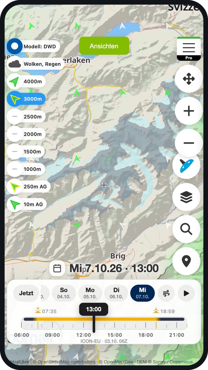 Wind auf 3000 m über dem Berner Oberland, graue Flächen zeigen Gelände über 3000 m